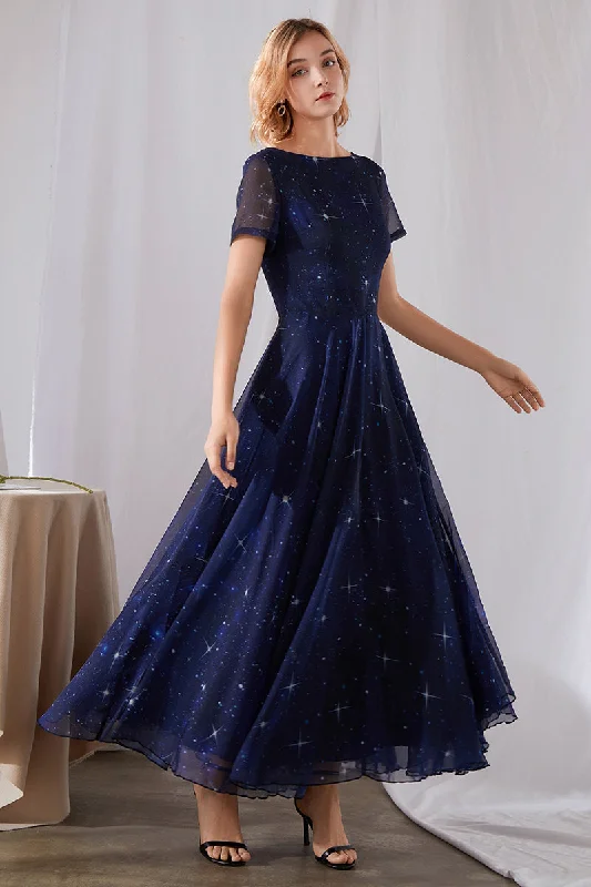 Summer Blue Starry Night Short Sleeve Swing Maxi Dress 3456