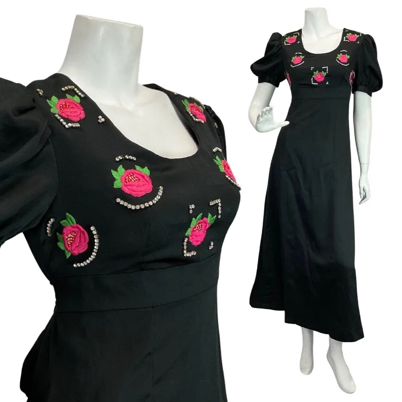 VINTAGE 60s 70s BLACK PINK ROSE EMBROIDERED DIAMANTE PUFF SLEEVE MOD MAXI DRESS