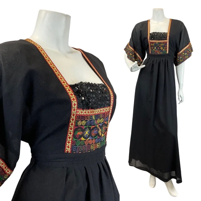 VINTAGE 60s 70s BLACK RED GOLD EMBROIDERED SEQUIN BOHO PRAIRIE MAXI DRESS 8 10