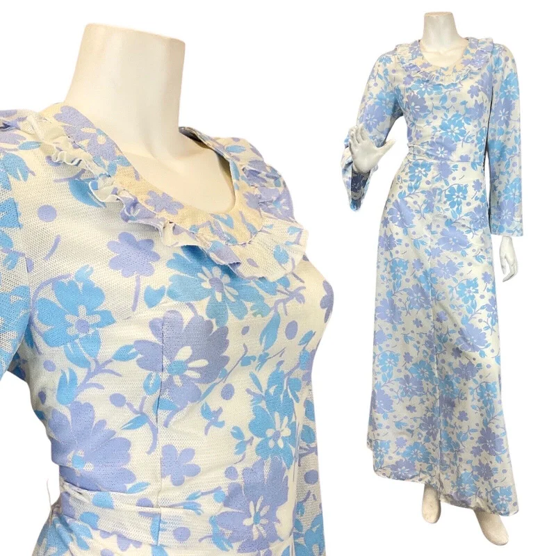 VINTAGE 60s 70s BLUE LILAC WHITE FLORAL RUFFLED MOD LONGSLEEVE MAXI DRESS 8 10