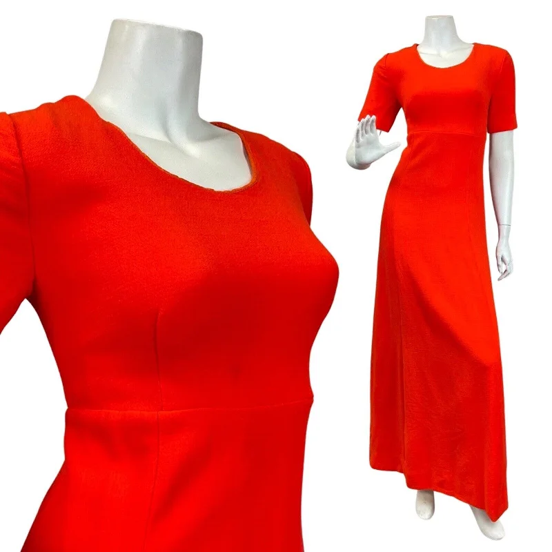 VINTAGE 60s 70s BRIGHT ORANGE MOD SHORT-SLEEVE MAXI DRESS 8