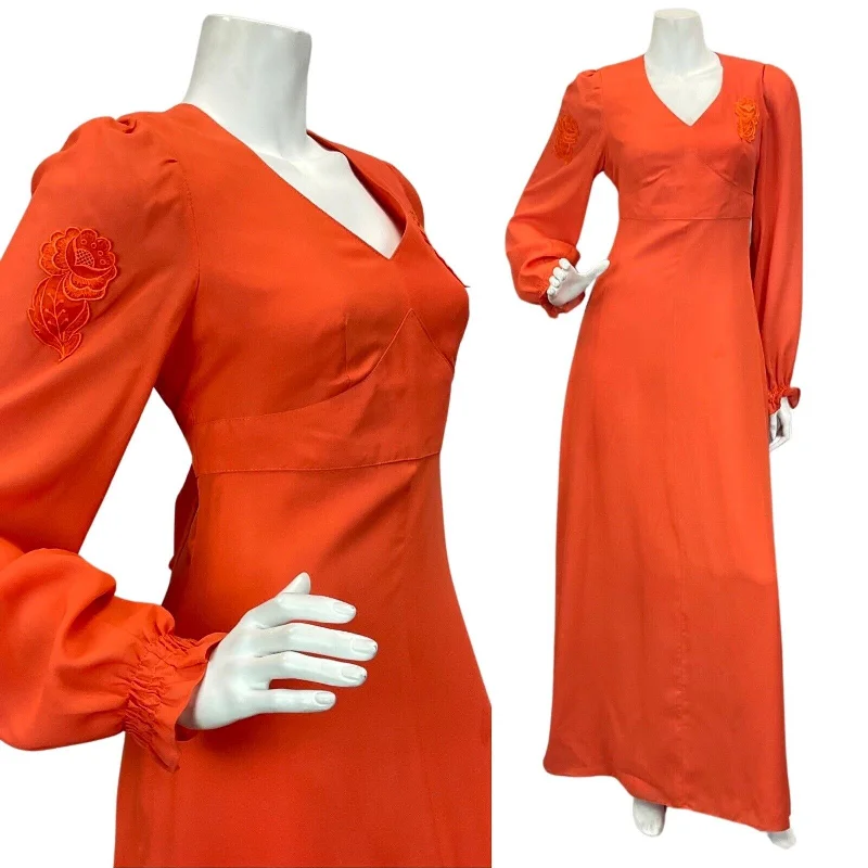 VINTAGE 60s 70s ORANGE CORAL FLOWER EMBROIDERY RUFFLE SLEEVE MAXI DRESS 8