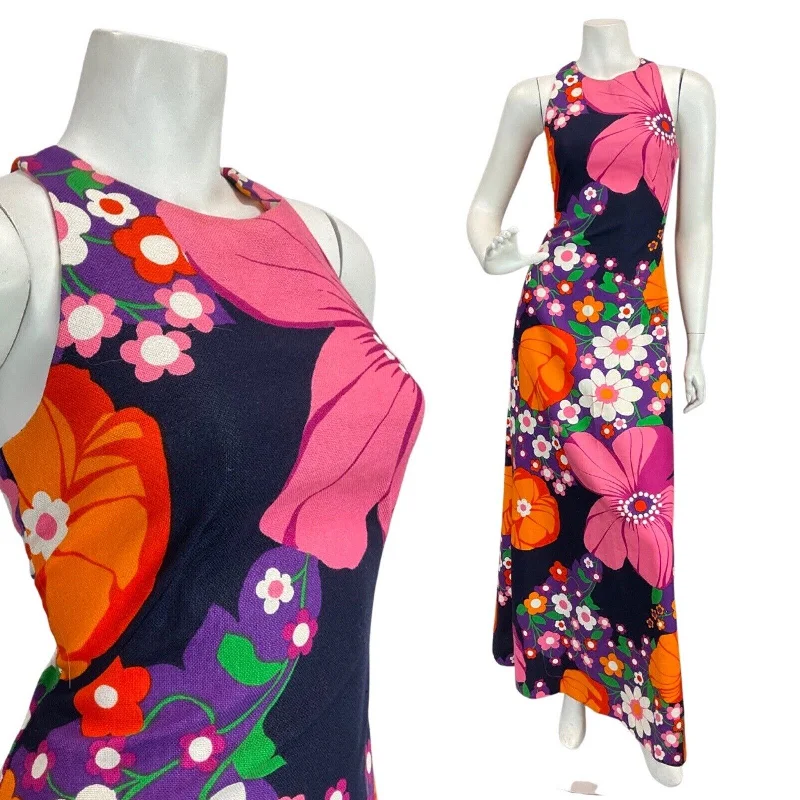 VINTAGE 60s 70s PINK BLUE ORANGE FLOWER DAISY MOD HALTER MAXI DRESS 8