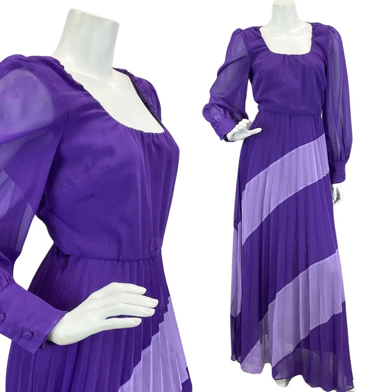 VINTAGE 60s 70s PURPLE LILAC PLEATED SHEER SLEEVE DISCO BOHO FOLK  MAXI DRESS 8