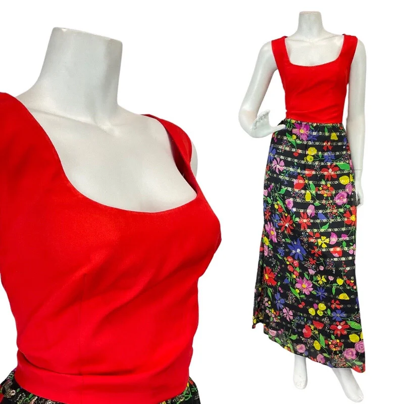 VINTAGE 60s 70s RED BLACK GREEN FLORAL DAISY MOD SLEEVELESS MAXI DRESS 8 10