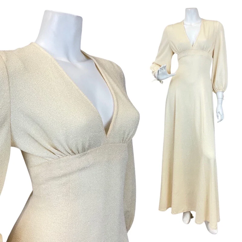 VINTAGE 70s CREAM IVORY ELEGANT GLAM STUDIO 54 MAXI DRESS 8