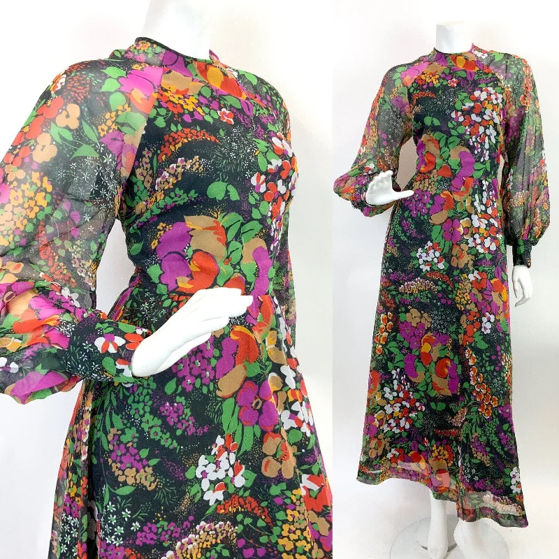 VTG 60s 70s BLACK PURPLE BEIGE FLORAL DITSY PSYCHEDELIC SHEER MAXI DRESS 8 10