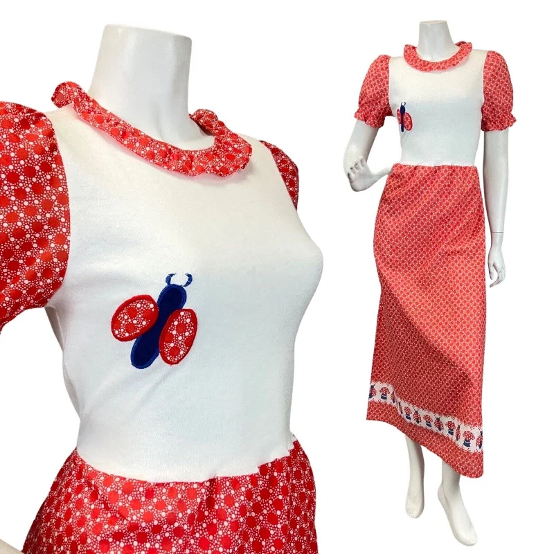 VTG 60s 70s RED WHITE BLLUE DOTTY LADYBIRD MUSHROOM MOD PRAIRIE MAXI DRESS 8 10