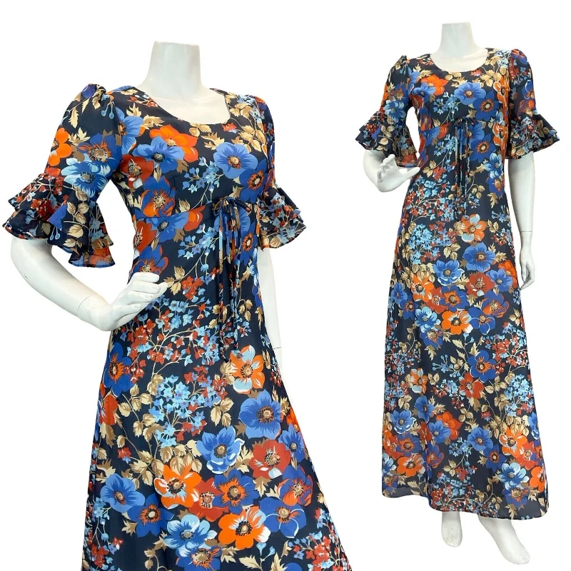 VTG 70S BLUE ORANGE FLORAL BELL SLEEVE EMPIRE MAXI DRESS 8