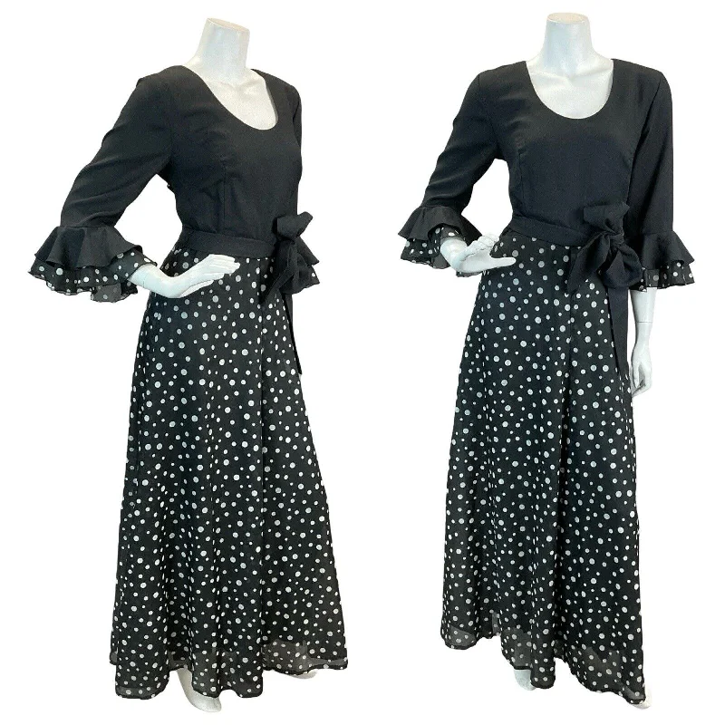 VTG 70S POLKA DOT FLAMENCO RUFFLE MAXI DRESS BLACK WHITE 10 12