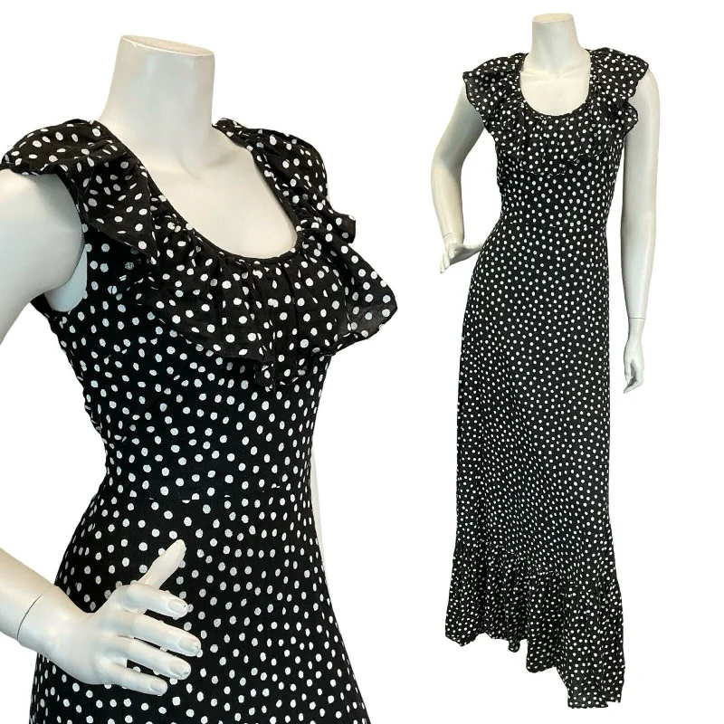 VTG VERA MONT POLKA DOT BLACK WHITE SLEEVELESS RUFFLE SUMMER MAXI DRESS 8 10