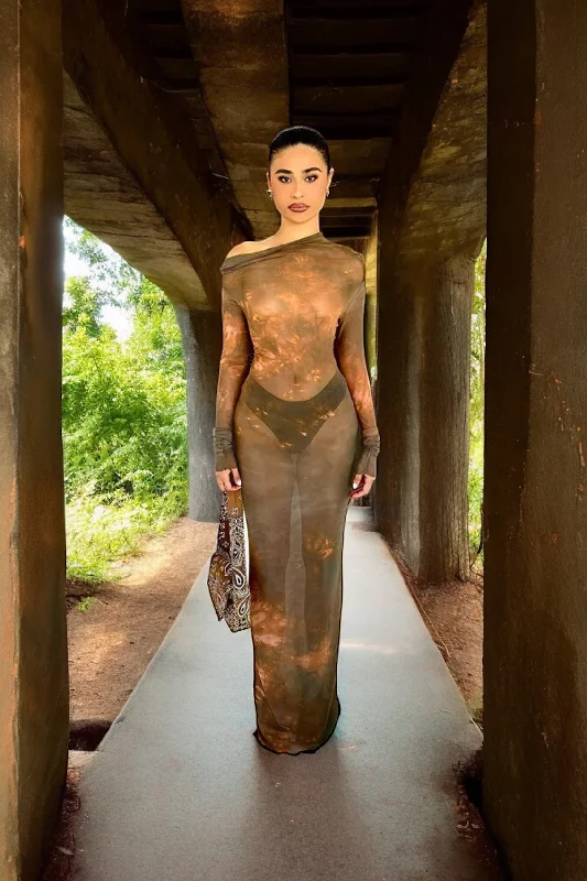 Slash Neck Long Sleeve See Through Maxi Dress