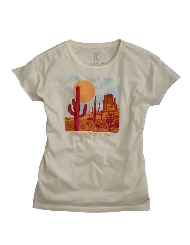 WOMENS TIN HAUL GOOD MORNING SUNSHINE CREAM SHORT SLEEVE T-SHIRT Hooded Caped Shawl Collar WOMENS TIN HAUL GOOD MORNING SUNSHINE CREAM SHORT SLEEVE T-SHIRT Hooded Caped Shawl Collar