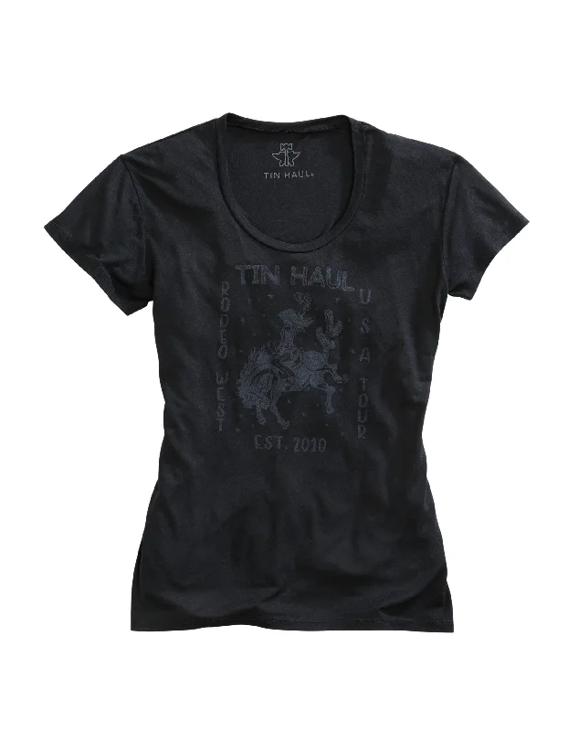 WOMENS TIN HAUL BRONCIN COWGIRL SCREEN PRINT BLACK SHORT SLEEVE T-SHIRT Spandex Blend Rayon Blend Denim Blend WOMENS TIN HAUL BRONCIN COWGIRL SCREEN PRINT BLACK SHORT SLEEVE T-SHIRT Spandex Blend Rayon Blend Denim Blend
