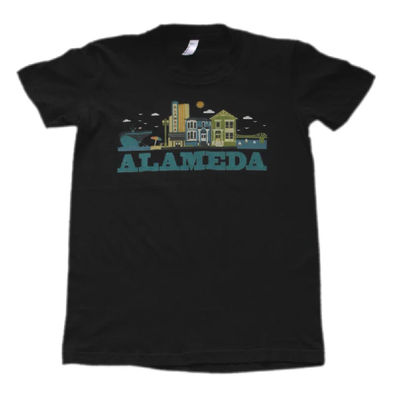 ALAMEDA CITYSCAPE WOMENS TEAL SCRIPT COTTON SHORT SLEEVE TEE Hooded Caped Shawl Collar ALAMEDA CITYSCAPE WOMENS TEAL SCRIPT COTTON SHORT SLEEVE TEE Hooded Caped Shawl Collar