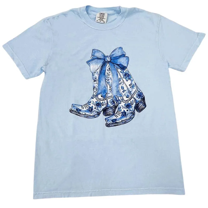Floral Blue Boots Short Sleeve T-Shirt Thin T-Shirt Open Front Quick Dry