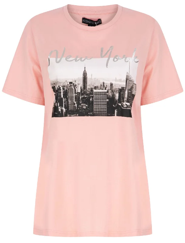 Empire New York Motif Cotton T-Shirt with Silver Foil Detail in Powder Pink - Weekend Vibes Lace Blend Ribbed Blend Corduroy Blend Empire New York Motif Cotton T-Shirt with Silver Foil Detail in Powder Pink - Weekend Vibes Lace Blend Ribbed Blend Corduroy Blend