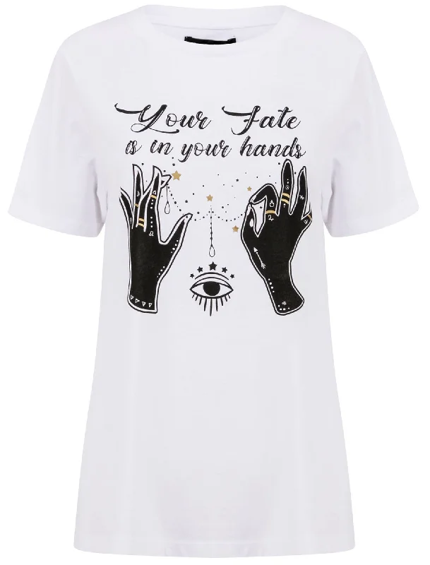 Fate In Your Hands Motif Cotton T-Shirt in Bright White - Weekend Vibes Graphic Embroidered Appliqued Fate In Your Hands Motif Cotton T-Shirt in Bright White - Weekend Vibes Graphic Embroidered Appliqued