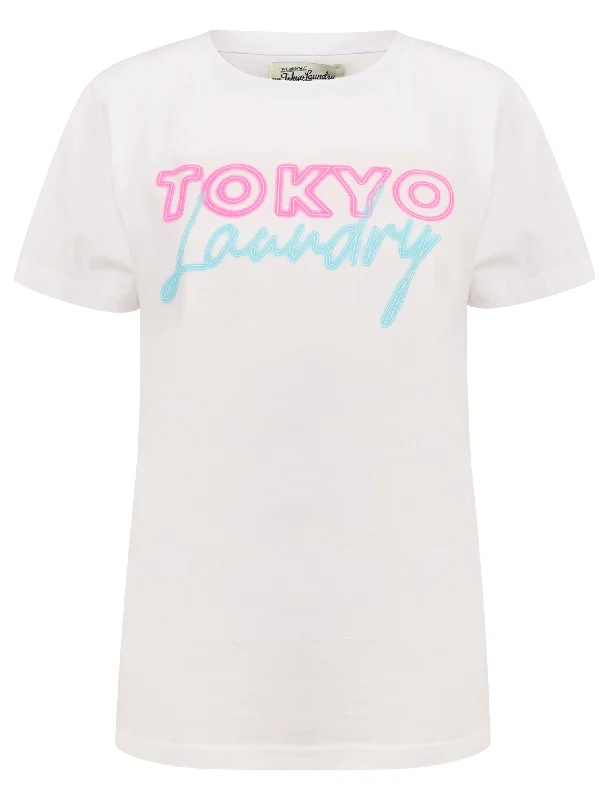 Galilea Neon Lettering Motif Cotton Jersey T-Shirt in Bright White - Tokyo Laundry Hooded Caped Shawl Collar Galilea Neon Lettering Motif Cotton Jersey T-Shirt in Bright White - Tokyo Laundry Hooded Caped Shawl Collar