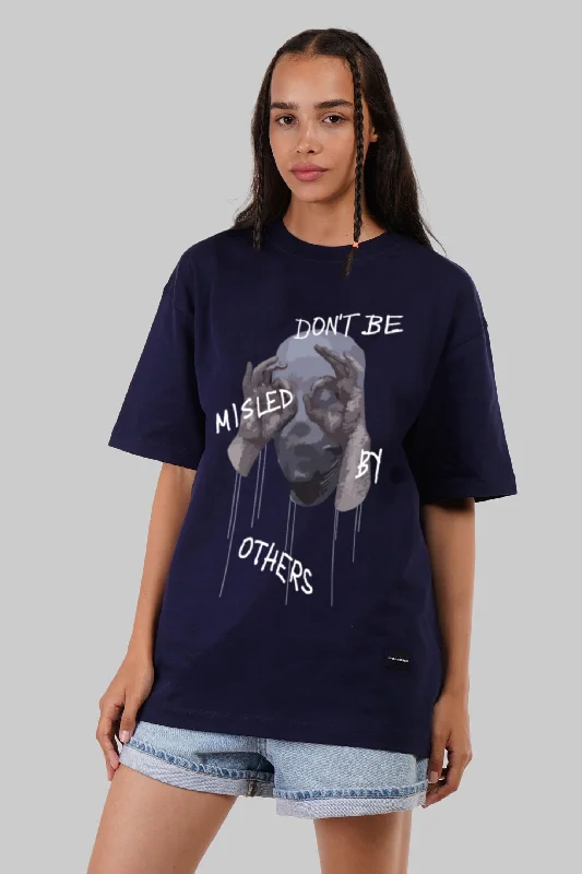Not Be Misled By Others Navy Blue Printed T-Shirt Women Oversized Fit Welt Pockets Slit Pockets Not Be Misled By Others Navy Blue Printed T-Shirt Women Oversized Fit Welt Pockets Slit Pockets