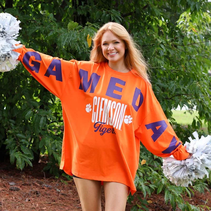 Clemson Oversized Gameday Yasmin Crewneck Long Sleeve T-Shirt Chenille Fabric Brocade Fabric Lace Fabric Clemson Oversized Gameday Yasmin Crewneck Long Sleeve T-Shirt Chenille Fabric Brocade Fabric Lace Fabric