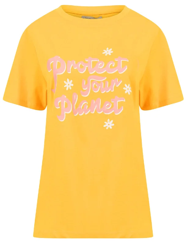 Protect Your Planet Slogan Motif Cotton T-Shirt in Old Gold - Weekend Vibes Collared T-Shirt Boat Neck A-Line Protect Your Planet Slogan Motif Cotton T-Shirt in Old Gold - Weekend Vibes Collared T-Shirt Boat Neck A-Line