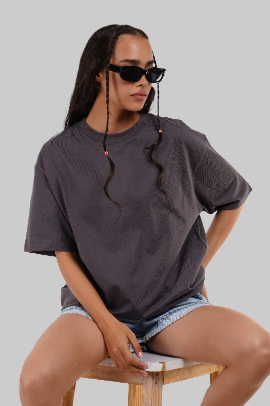 Solid Dark Grey Half Sleeves T-Shirt For Women Oversized Fit Nylon Fabric Polyester Fabric Spandex Fabric Solid Dark Grey Half Sleeves T-Shirt For Women Oversized Fit Nylon Fabric Polyester Fabric Spandex Fabric
