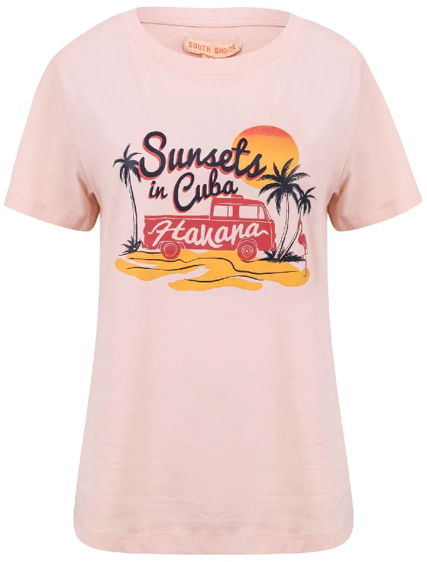Sunsets Motif Cotton Crew Neck T-Shirt in English Rose - South Shore Fleece Nylon Spandex Sunsets Motif Cotton Crew Neck T-Shirt in English Rose - South Shore Fleece Nylon Spandex