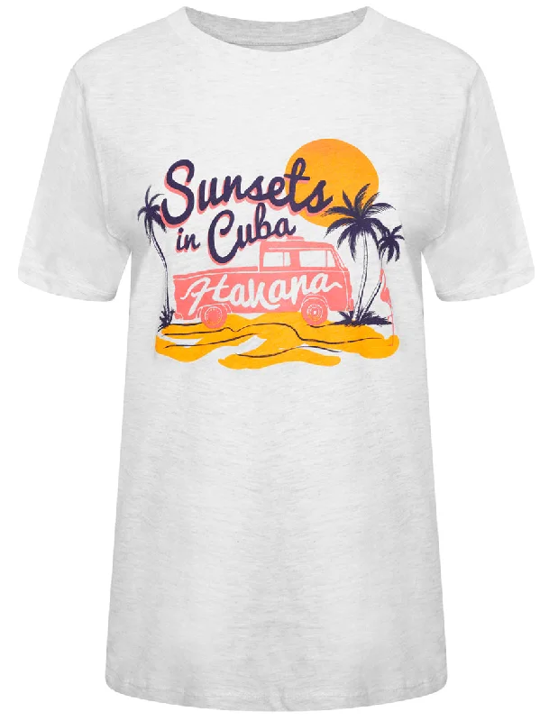 Sunsets Motif Cotton Crew Neck T-Shirt in White Grey Marl - South Shore Anti-Pilling Machine Wash Handmade Sunsets Motif Cotton Crew Neck T-Shirt in White Grey Marl - South Shore Anti-Pilling Machine Wash Handmade
