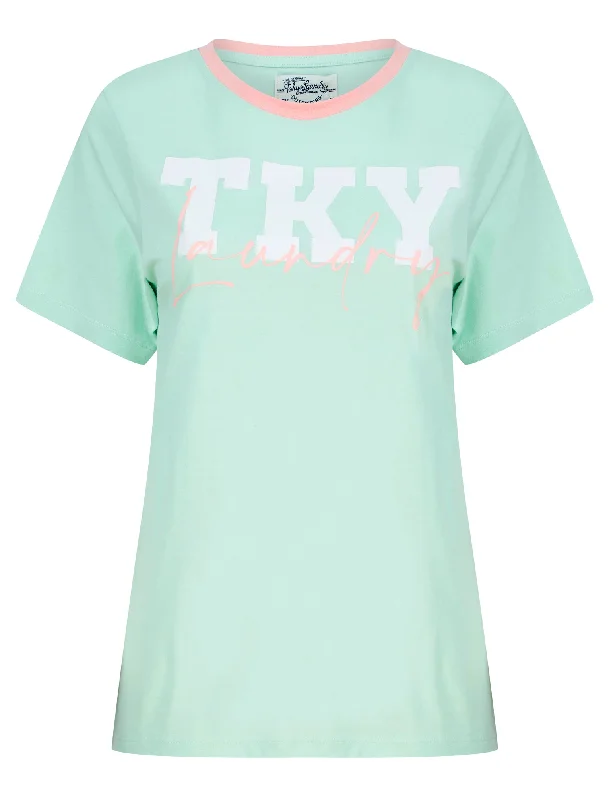 TKY Motif Cotton Jersey Ringer T-Shirt in Surf Spray Mint - Tokyo Laundry Machine Wash Dry Clean Hand Wash TKY Motif Cotton Jersey Ringer T-Shirt in Surf Spray Mint - Tokyo Laundry Machine Wash Dry Clean Hand Wash