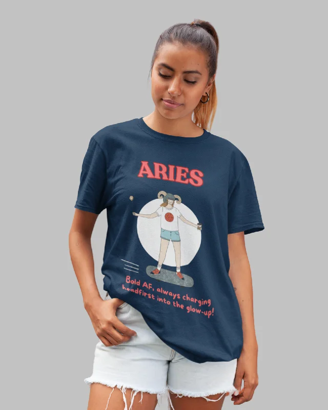 Aries Animated Zodiac Printed Oversized T-Shirt for Women - Navy