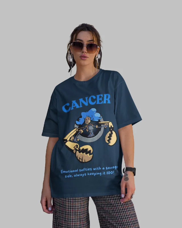 Cancer Animated Zodiac Printed Oversized T-Shirt for Women - Navy