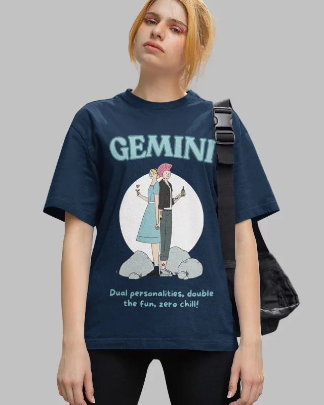 Gemini Animated Zodiac Printed Oversized T-Shirt for Women - Navy