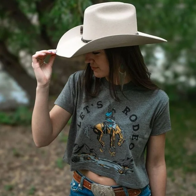 Let's Rodeo Ladies Crop Tee - Dark Heather Grey