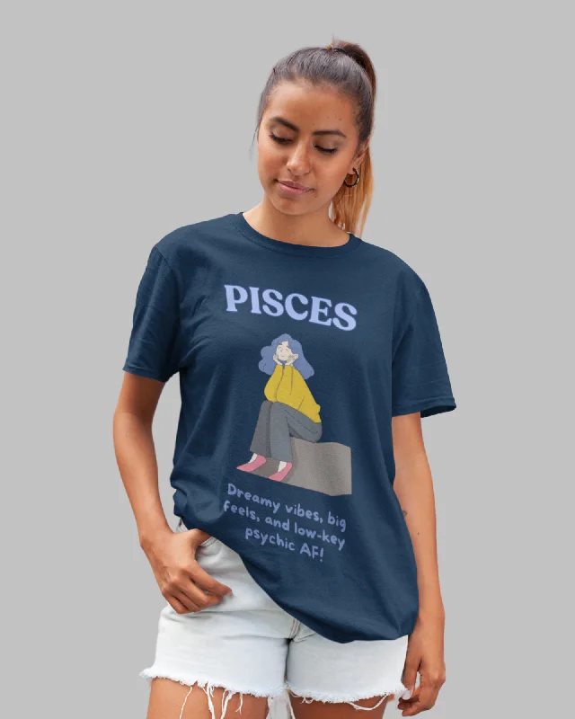 Pisces Animated Zodiac Printed Oversized T-Shirt for Women - Navy