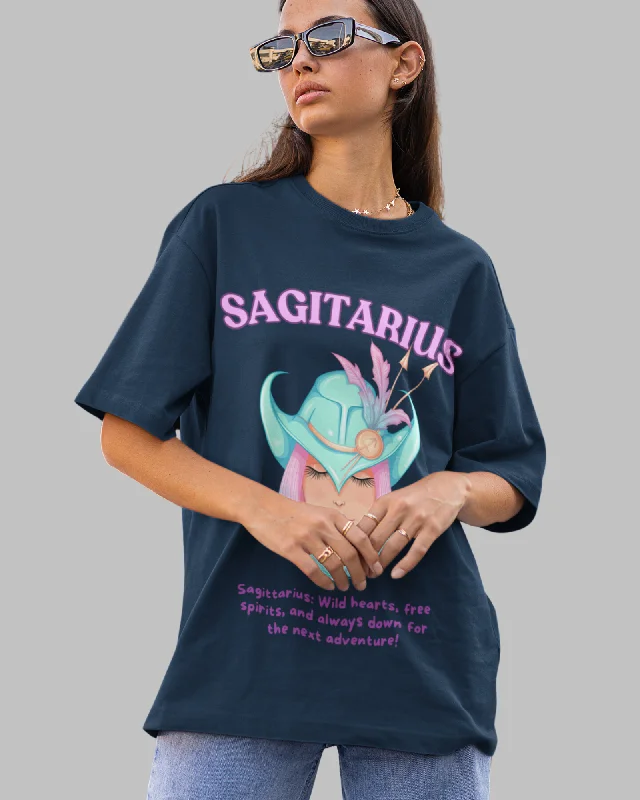 Sagitarius Animated Zodiac Printed Oversized T-Shirt for Women - Navy