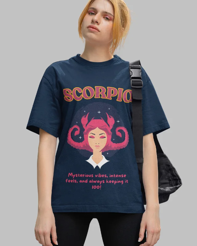 Scorpio Animated Zodiac Printed Oversized T-Shirt for Women - Navy