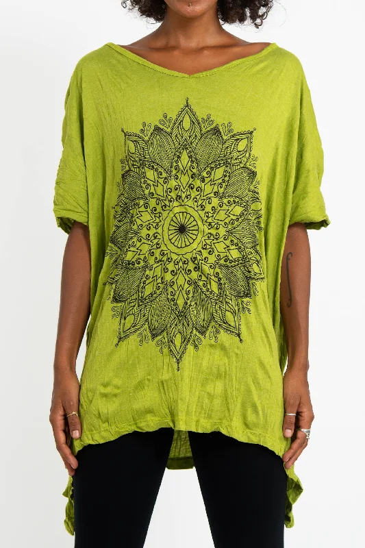 Sure Design Women's Lotus Mandala Loose V Neck T-Shirt Lime