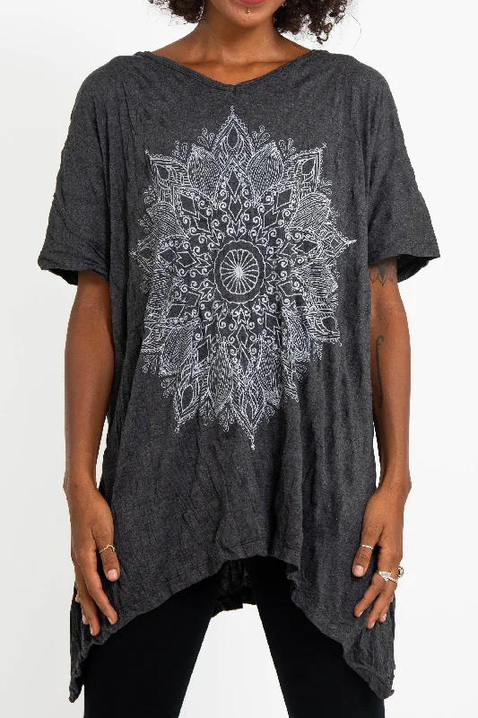 Sure Design Women's Lotus Mandala Loose V Neck T-Shirt Silver on Black