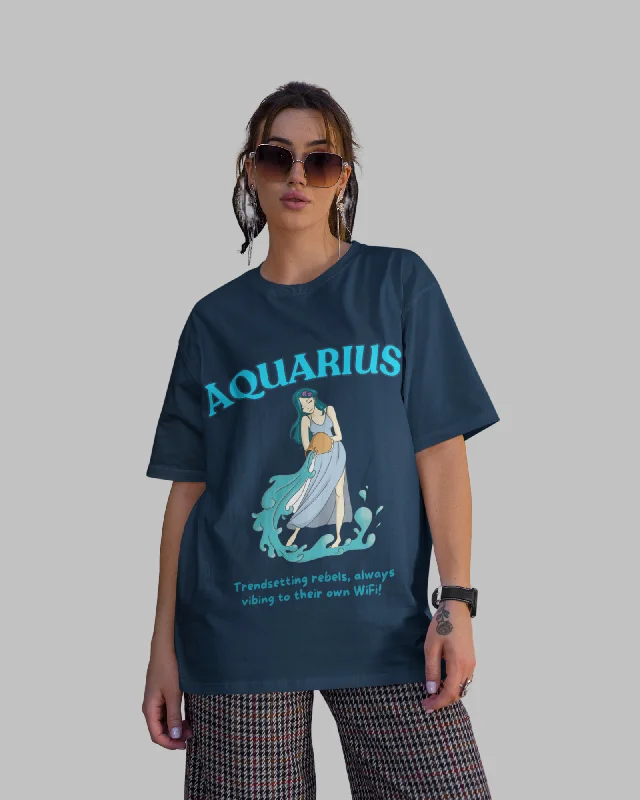 Aquarius Animated Zodiac Printed Oversized T-Shirt for Women - Navy