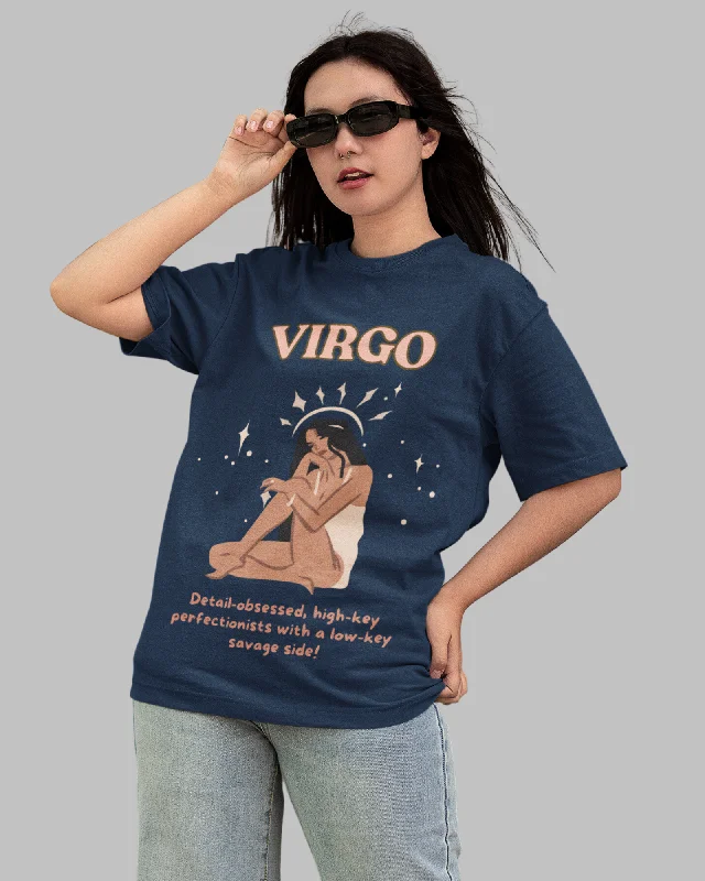 Virgo Animated Zodiac Printed Oversized T-Shirt For Women - Navy