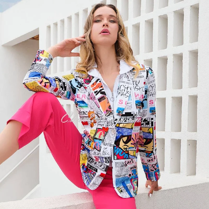 Dolcezza Newspaper Print Hooded Blazer Jacket - Style 24157 Bomber Jacket Anorak Windbreaker Dolcezza Newspaper Print Hooded Blazer Jacket - Style 24157 Bomber Jacket Anorak Windbreaker