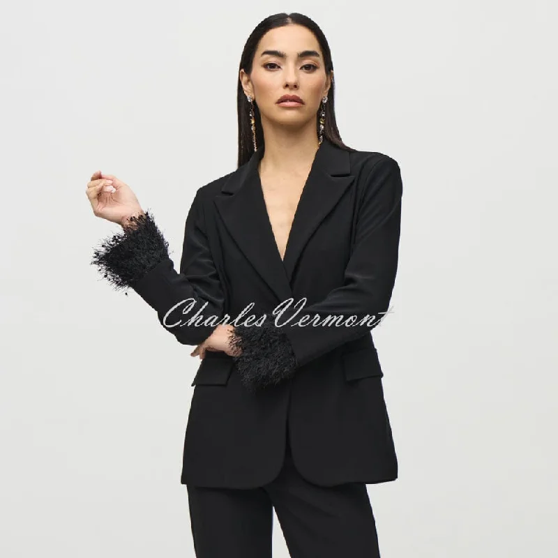 Joseph Ribkoff Blazer Jacket With Fringe Cuffs - Style 244194 Wool Jacket Cashmere Jacket Tweed Jacket Joseph Ribkoff Blazer Jacket With Fringe Cuffs - Style 244194 Wool Jacket Cashmere Jacket Tweed Jacket