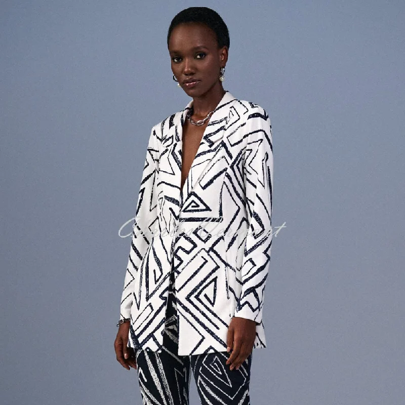 Joseph Ribkoff Geometric Print Blazer Jacket - Style 241034 (Vanilla / Midnight Blue) Tailored Jacket Straight Jacket A-Line Jacket Joseph Ribkoff Geometric Print Blazer Jacket - Style 241034 (Vanilla / Midnight Blue) Tailored Jacket Straight Jacket A-Line Jacket