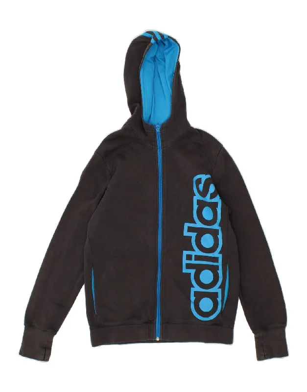 ADIDAS Boys Graphic Zip Hoodie Sweater 13-14 Years Black Cotton