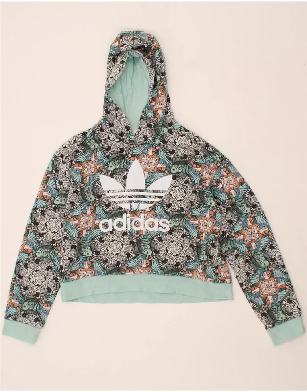 ADIDAS Girls Crop Graphic Hoodie Jumper 11-12 Years Turquoise Floral