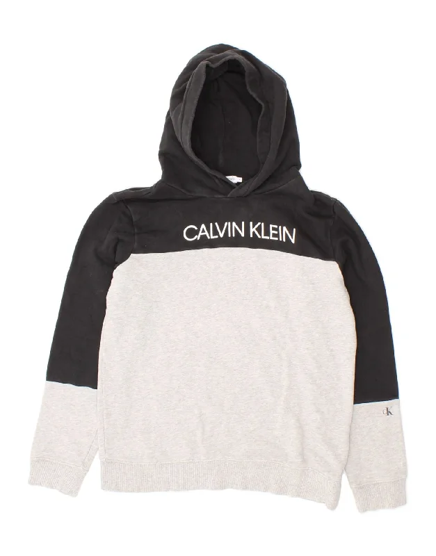 CALVIN KLEIN JEANS Boys Graphic Hoodie Jumper 13-14 Years Grey Colourblock