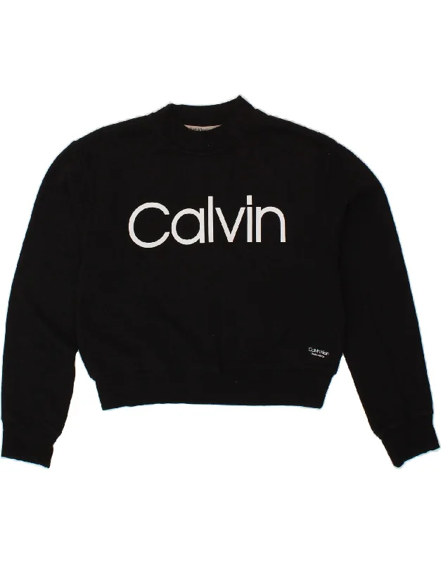 CALVIN KLEIN Womens Graphic Crop Sweatshirt Jumper UK 14 Medium Black