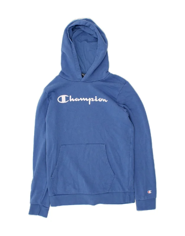 CHAMPION Boys Graphic Hoodie Jumper 13-14 Years Blue Cotton