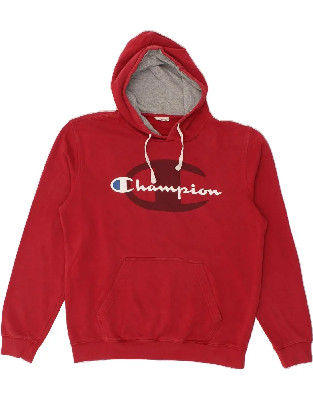 CHAMPION Mens Graphic Hoodie Jumper Large Red Cotton Hoodie with Hem Frayed Vintage Worn CHAMPION Mens Graphic Hoodie Jumper Large Red Cotton Hoodie with Hem Frayed Vintage Worn